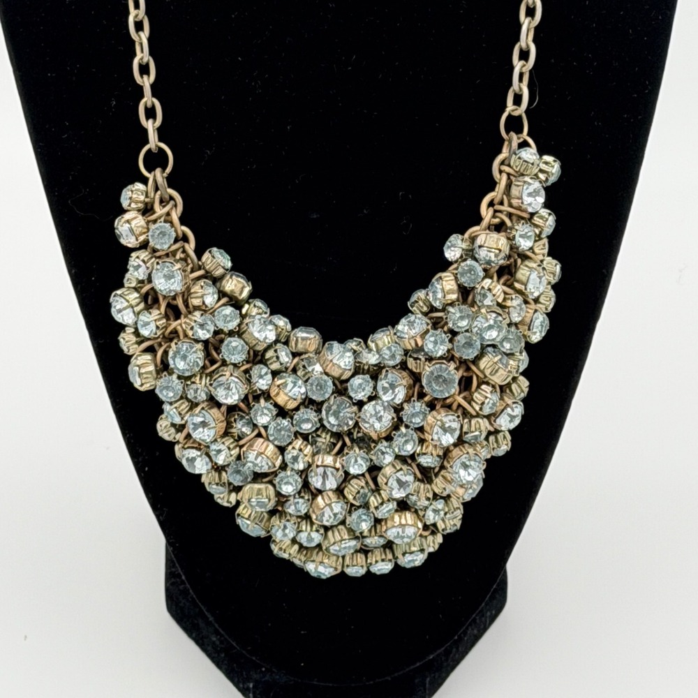 Banana Republic Statement Necklace Women Gold Clear Glam Rhinestone Bib Chunky